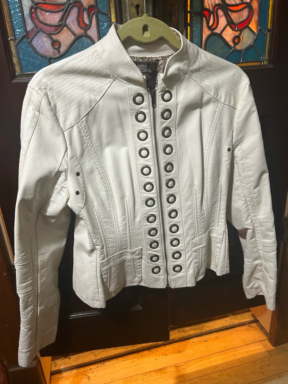 Solitaire White faux Leather Eyelet-Trim Zip Jacket